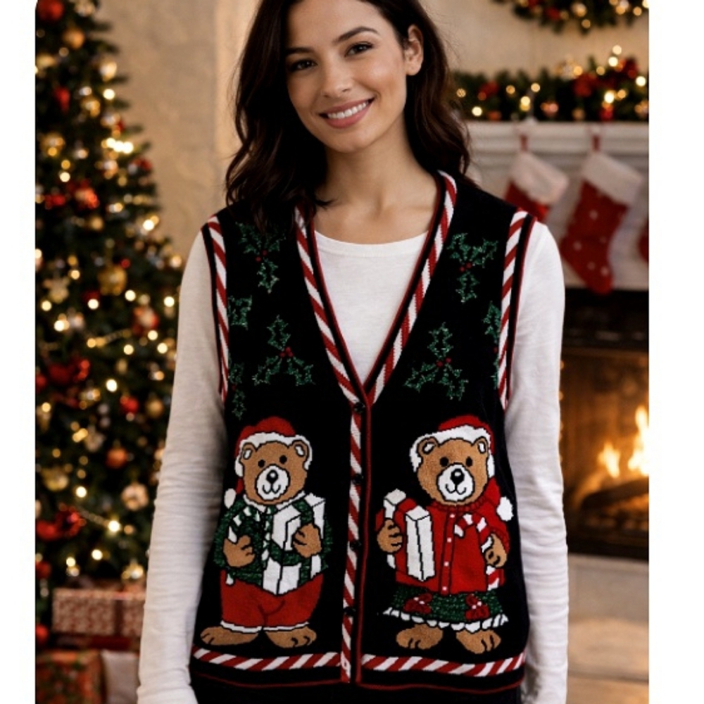 Holiday Time Christmas Bears Sweater Vest Candy Cane Trim Holiday Knit Medium
